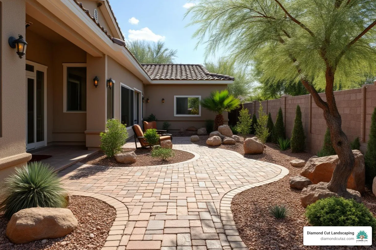 Phoenix backyard with decorative rock, desert plants, and a paver patio